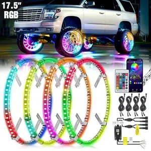 Nilight 17.5 in RGB LED Wheel Ring Lights - 4Pcs Double Row Aluminum Rings, APP Remote Control, Remote Sync, IP67 Waterproof, Plug-and-Play RGB Lights for Automotive Decoration