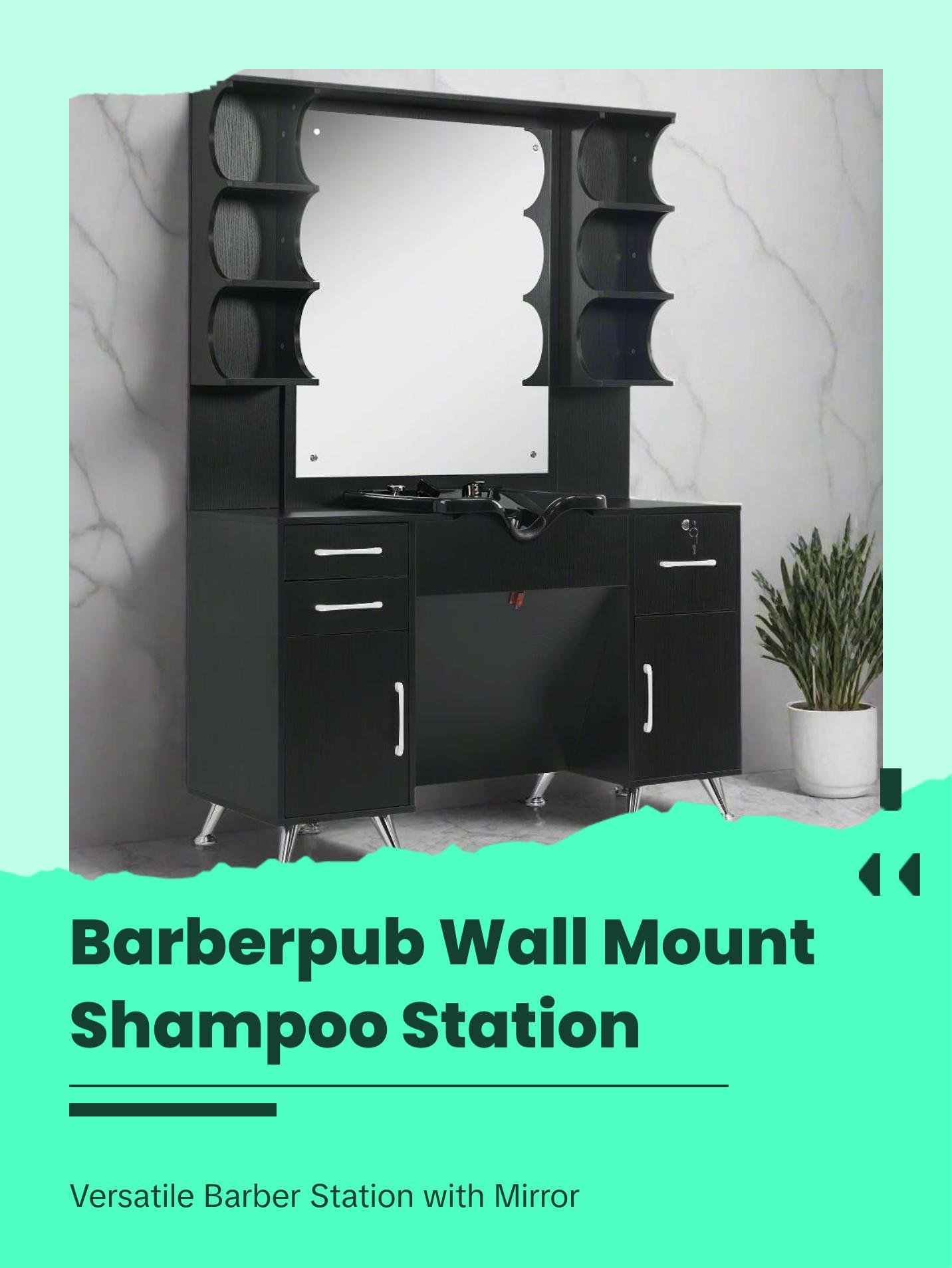 BarberPub Backwash Shampoo Bowl Cabinet, Barber Wall Mount Station with Mirror 3141