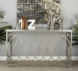 Geometric Silver Metal Rectangular Living Room Console Table with Mirrored Glass Top