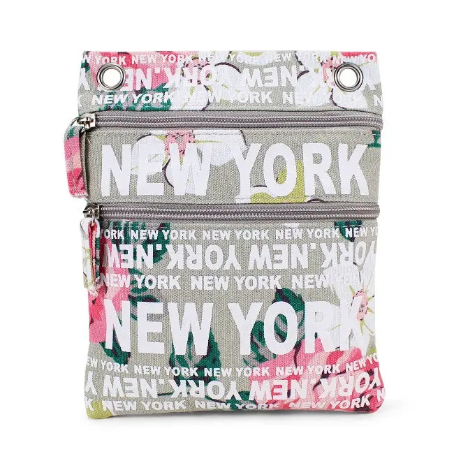 Floral "New York" Monogram Canvas Dual-Zipper Cross Body Bag (3 Colors)