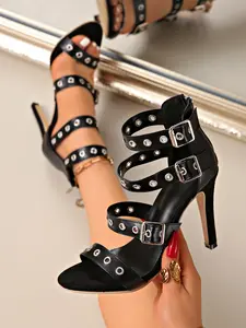 Women's Punk Style High Heel Sandals, Buckle Design with Back Zip Closure, 10.5cm Comfortable Summer Shoes, Perfect for Parties and Gifts