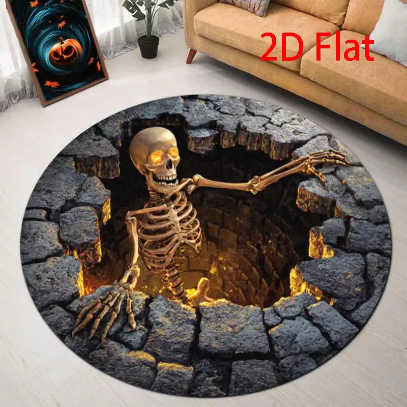 （2D Flat） Printed Faux Skeleton Round Rug - Halloween Glam Modern Anti-Slip Crocheted Mat, Indoor Halloween Decorations for Haunted House Party