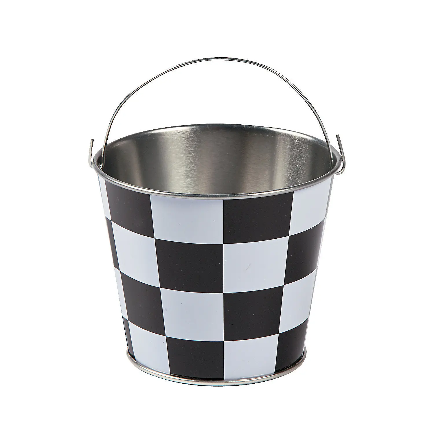 12-Pc Mini Black and White Checkered Metal Pails Set - 3.25" Round Buckets with Handles, Bathroom Home Supplies, Race Car-Themed Kids' Birthday Party Favors