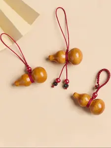 Natural Peach Wood Gourd Cinnabar Amulet Pendant, Unisex Peace Charm, Phone Chain Car Key Holder, Traditional Style Jewelry