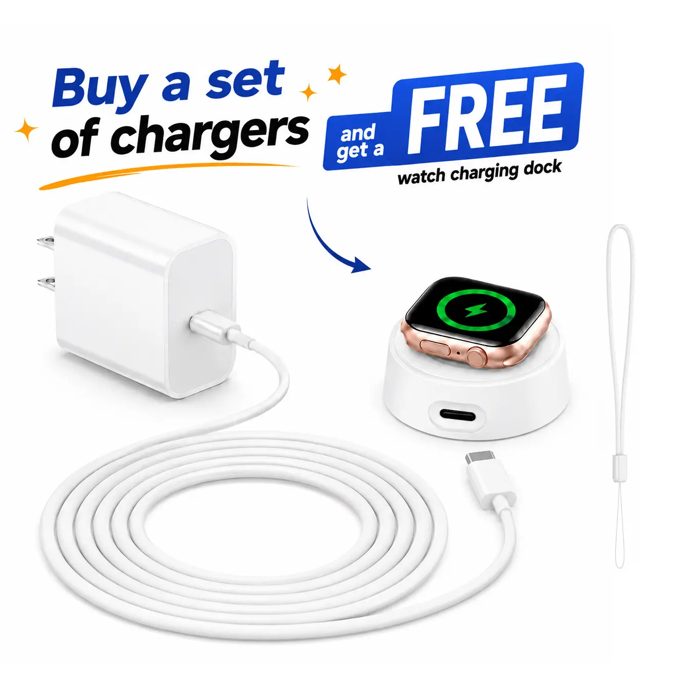 10ft cable set including  20W fast-charging adapter, 5W USB-C power adapter, and a USB-C smartwatch charging dock; upgraded portable wireless charging dock, for iPhone 17/16/15 Series, iPad/iWatch Series 11/10/9/8/7/6 38/40/41/42/44/45/46/49 mm (White)