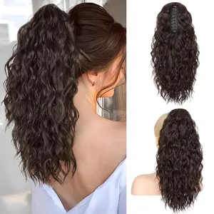Ponytail Extension, 18 Inch Dark Brown Claw Clip Ponytail Extensions for Women, Multi Layered Fluffy Thick Wavy Jaw Clip in  Pony Tails  Hair Soft Synthetic Hairpiece