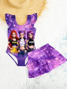 Kpop Girls Two-Piece Swimsuit, Cartoon Print Bikini, Summer Beach Vacation Swimwear, Cute Ruffle Swim Dress, Swimsuit Sets
