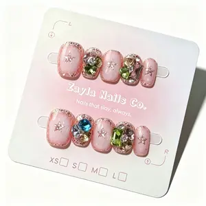Handmade Press On Nails, Pink Star Glitter Short Square Fake Nails with 3D Rhinestones decor , Reusable Glue On Nails for Women Girls, Cute Y2K Acrylic False Nails for Daily Party Wear
