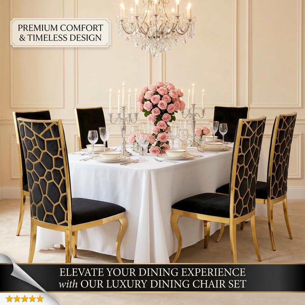 7 Pieces Modern Luxury Oval Dining Table and Chairs set, Elegant Household Kitchen Table with 6 Plush Black Velvet Padded Seats, Sleek Tempered Glass Tabletop & Shiny Gold Stainless Steel Support Legs, Stylish Kitchen Home Furnishing