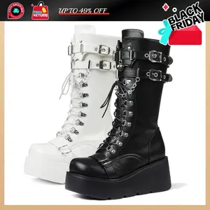 Women Gothic Knee High Boots Wedge Platform Mid Calf Round Toe Side Zip Boots Lace Up Punk Style Boots Comfortable Tall Punk Combat Boots