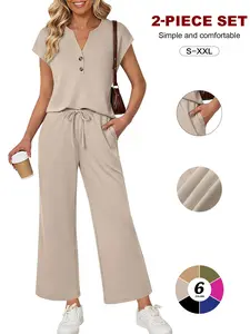TFNOSIZE Women's Summer Casual Two-Piece Set Short-Sleeve Button-Up Top & Elastic-Waist Pants Breathable Fabric Loungewear for Everyday Wear at Airports & Beach Vacations Womenswear