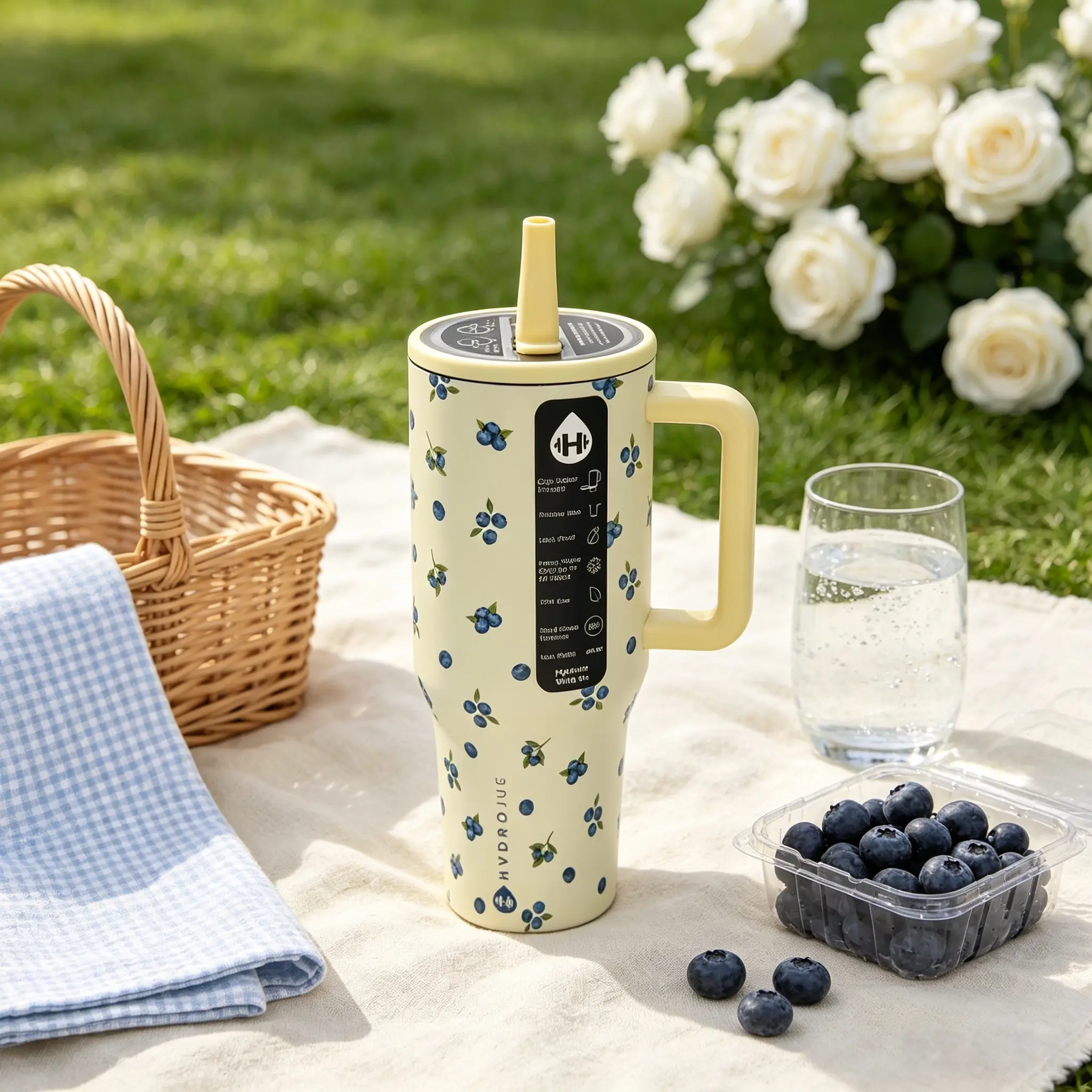 HydroJug 40oz Blueberry Print Tumbler, 24 Hours Cold Retention Leak Proof Stainless Steel Water Tumbler With Handle & Straw, Portable Insulated Travel Cup For Gym Outdoor Daily Use