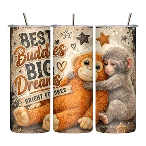 Best Buddies Big Dreams Portable 20 oz Skinny Vacuum Flask Tumbler, Coffee Drink Container with Lid, Monkey-Themed Kitchenware Drinkware