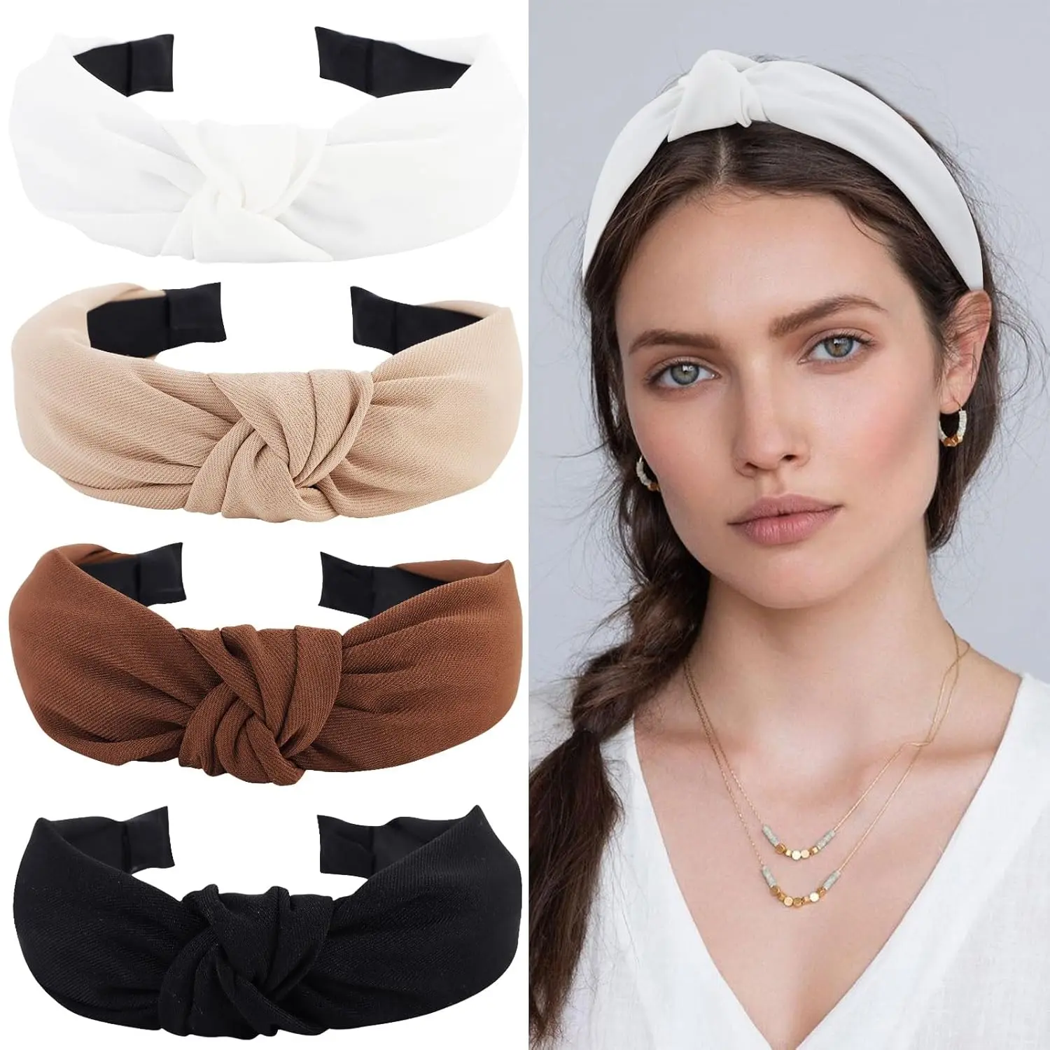 4PCS Knotte Heabans - Non Slip Wie Fashion Hea Bans for Women an Girls - Black an White Top Knot Accessories
