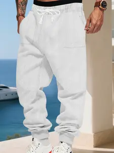 Men's Winter Drawstring Jacquard Pants, Comfortable Outdoor Casual Fashion Trousers with Large Pockets, All Season Wear