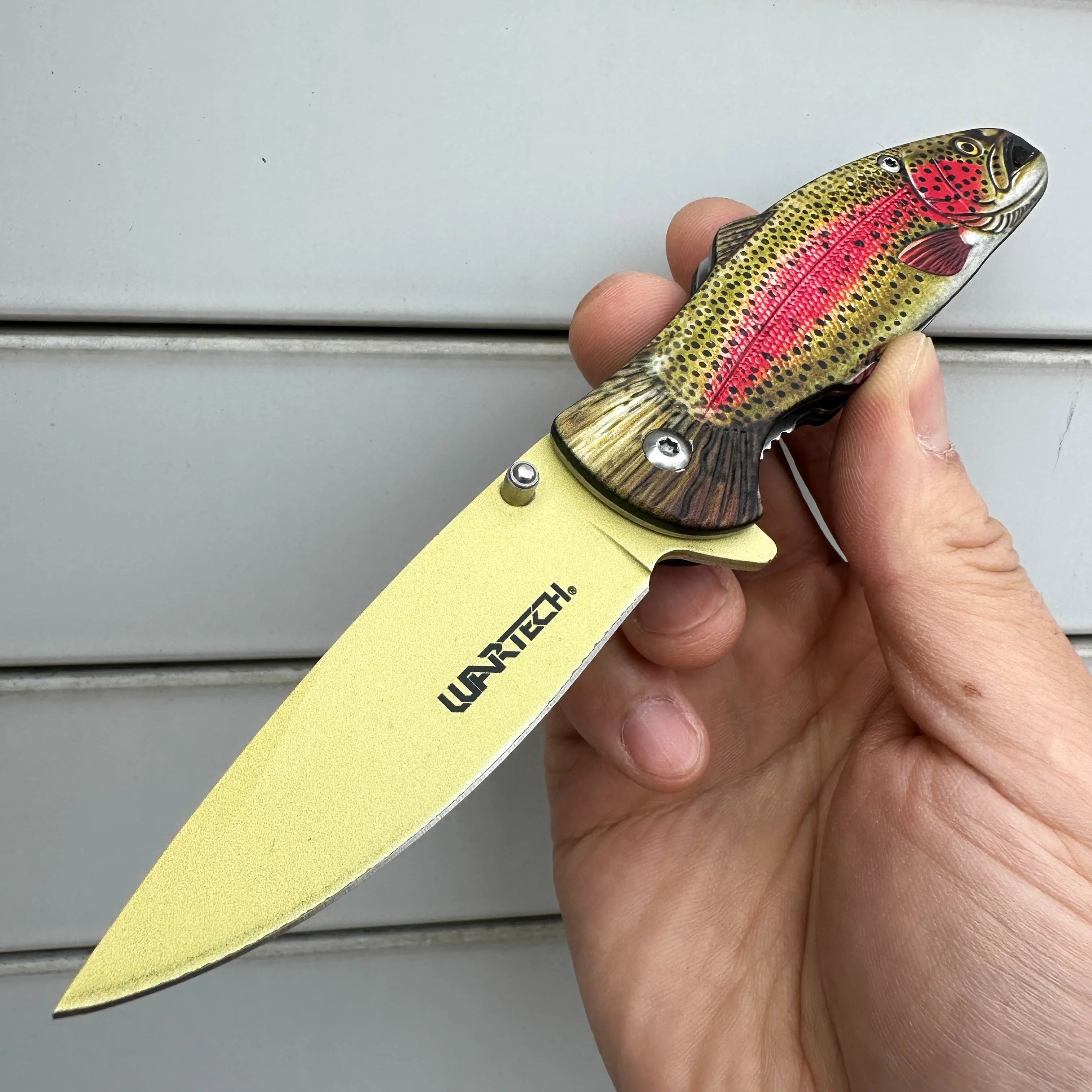 7.75" Fishing Gear Hunting Knife Rainbow Trout Handle Fishing Themed EDC Tool Folding Pocket Knife for Men and Women, Lightweight Knife, Sharp Stainless Steel Blade Outdoor Tool
