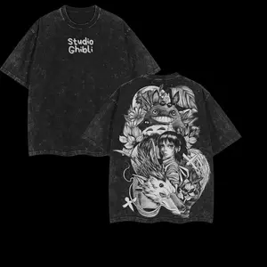 Studio Ghibli All Characters Black & White Vintage Acid Wash Oversized Tee