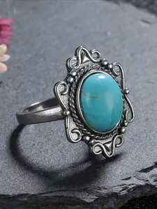 Vintage Natural Stone Rings for Women Men Silver Plated Ring with Oval Moonstone Turquoise Anniversary Christmas Valentine's day Gift