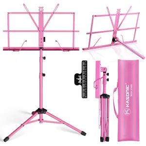 K KASONIC Pink Folding Music Stand for Kids, Adjustable Sheet Music Stand with Desktop Book Stand, Clip Holder and Carrying Bag