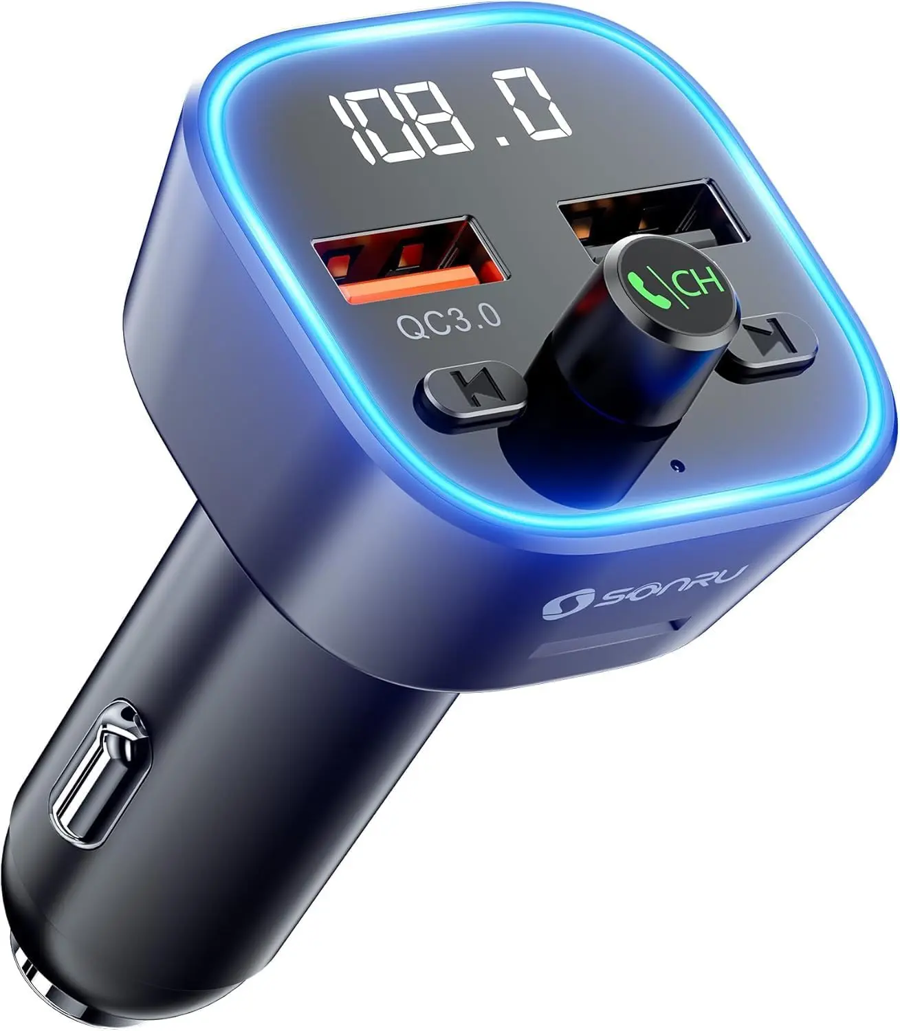 Bluetooth. FM Transmitter, Wireless Radio Adapter, Audio Receiver Car Charger, Wireless FM Radio Transmitter, HandsFree Calling and  USB Ports Charger, HiFi Treble & Bass Player (Black)