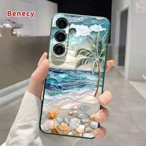 Seashell Beach Pattern Straight Edge Phone Case Compatible with Samsung Galaxy S26 Ultra S24 S23 Plus S25 S22+ Shockproof Drop Protection Rugged Durable Liquid Silicone Cover Cellphone Protective