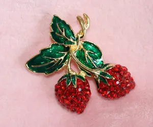 Rhinestone Double Strawberry Brooch Pin,  Fruit Ruby Red Crystal Strawberry Brooch, Fruit Pin