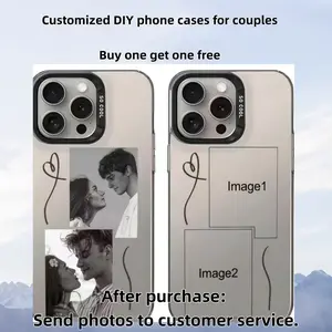 Customized phone cases for couples, buy one get one free. Heart-shaped couple design, multi-grid design, artistic line decoration. Compatible with Apple iPhone Plus Air/Pro/Pro Max series. Gift.