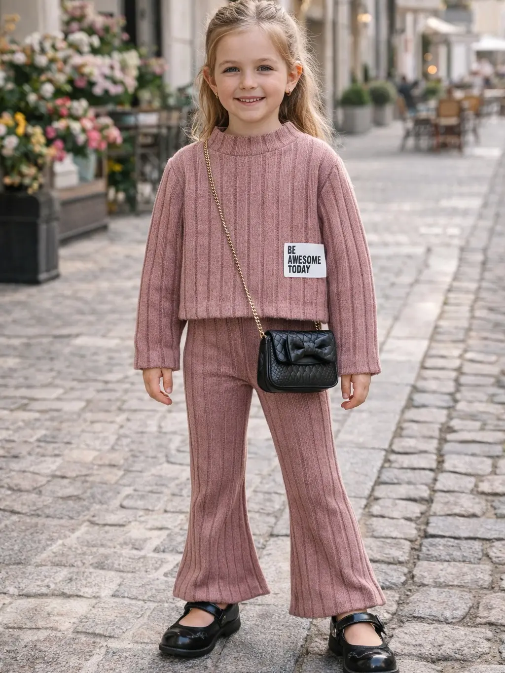 Cute Girls 2-Piece Ribbed Set with Small Bow Design Versatile Kids Outfit for Home & Outdoors Comfortable Long Sleeve Top & Bell Bottom Pants Available in 3 Vibrant Colors Perfect for Autumn Winter Collection