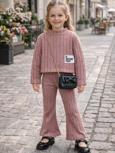 Cute Girls 2-Piece Ribbed Set with Small Bow Design Versatile Kids Outfit for Home & Outdoors Comfortable Long Sleeve Top & Bell Bottom Pants Available in 3 Vibrant Colors Perfect for Autumn Winter Collection