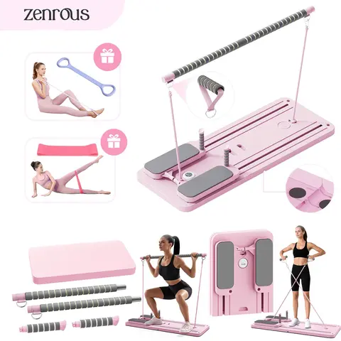ZENROUS Pilates Board with Pilates Bar - Foldable Multi-functional Home Workout Gear for Core Strength Training, 300lbs Max Load, Kneeling Pad, Timer, Gym & Exercise Equipment