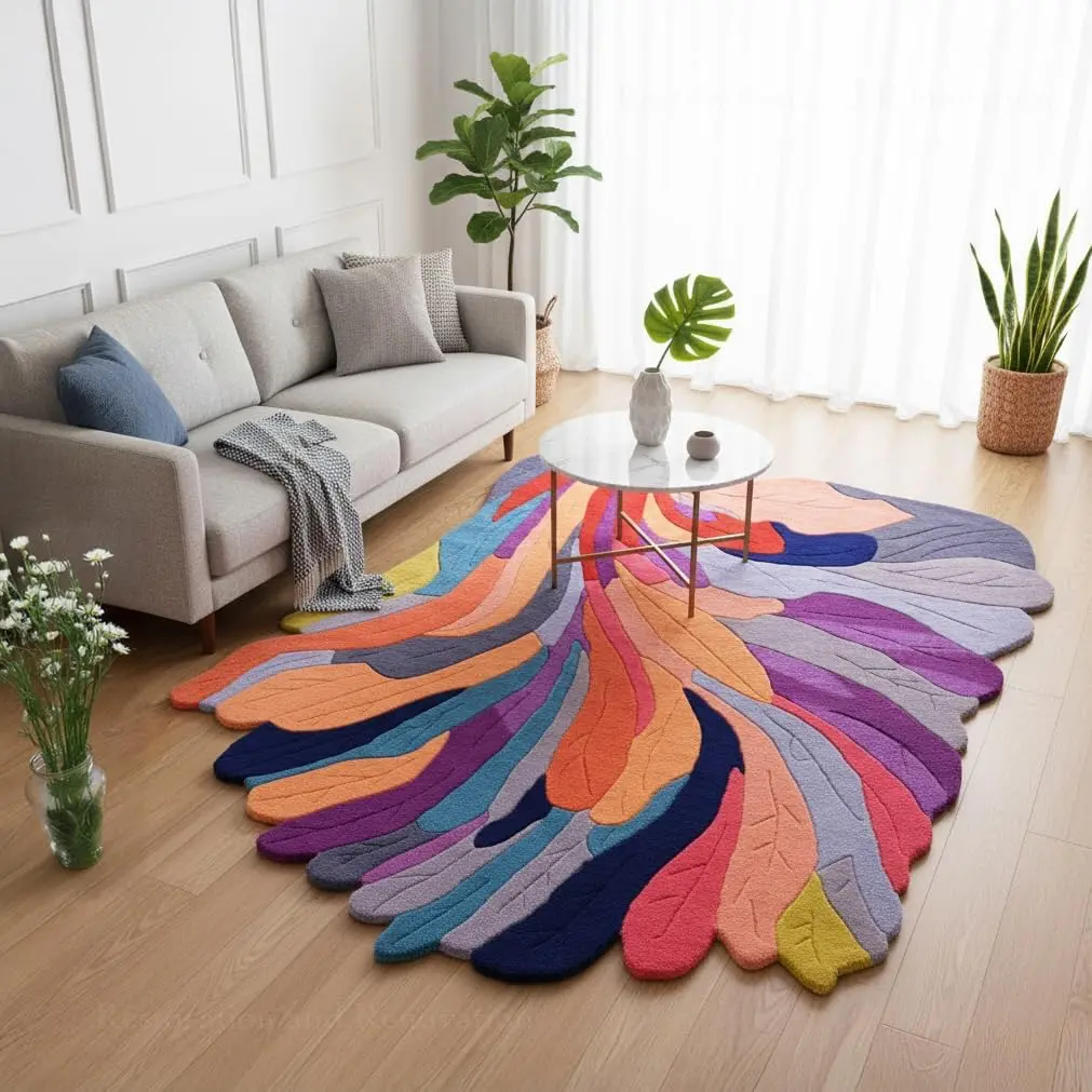 Handmade Irregular Shape Wool Area Rug | Unique Contemporary Colorful Botanical Design, Thick & Soft Carpet | Perfect for Living Room, Bedroom Decor (Colorful, 4' x 6')