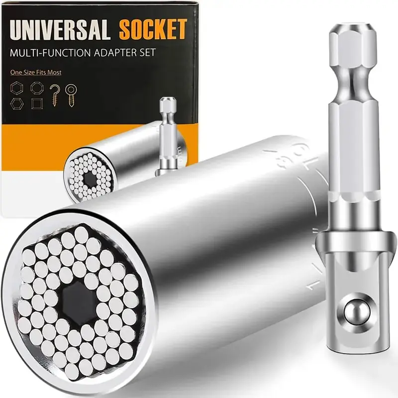 Steel Multi-Fit Universal Grip Socket Set with Power Drill Adapter - Hand Tools for Men and Women