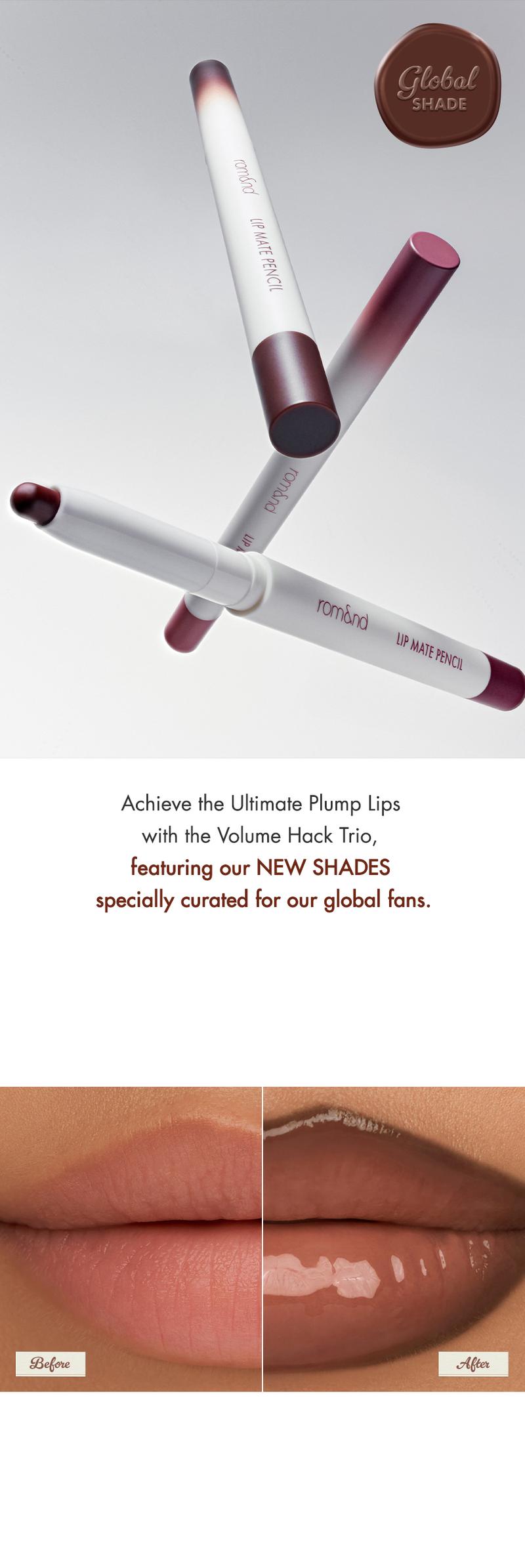 [rom&nd Official Shop] rom&nd LIP VOLUME HACK TRIO (3 Shades, Lip Mate Pencil 0.5g & Melting Balm 3.5g & Color Gloss 4g)