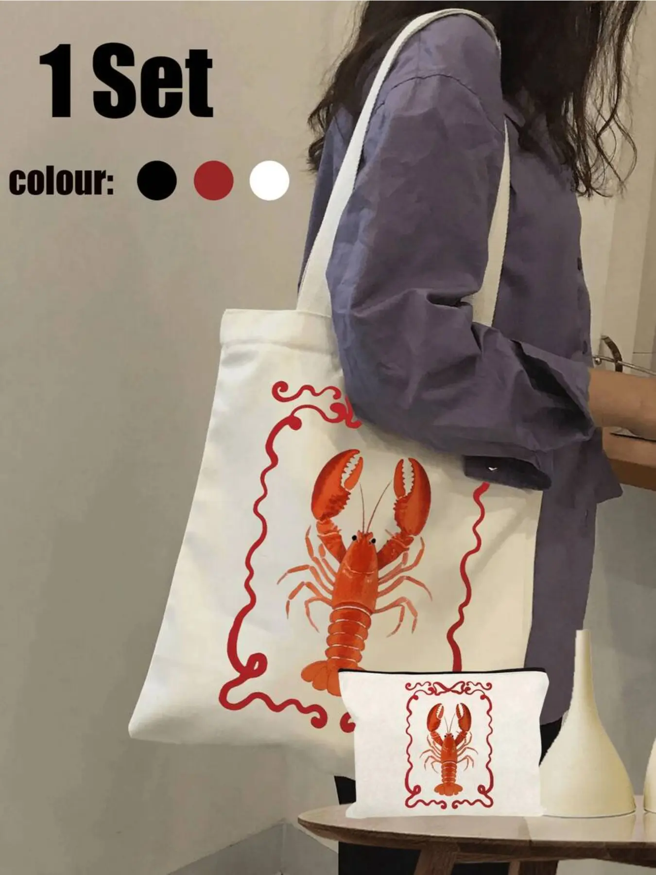 Coastal Beach Red Lobster Tote Bag For Women, Favorite Tote Bag, Casual Trendy Bag, Neutral Tote Bag Set, Including Shoulder Bag And Beauty Bag, Minimalist College Style, Lobster Lover Gifts, Reusable Shopping Grocery Bags Party Favors