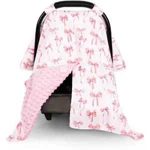 Baby Car Seat Cover, Minky Carseat Cover Baby Girl, Peekaboo Opening Infant Car Seat Cover, Warm Baby Car Seat Canopy for Winter, Pink Bow