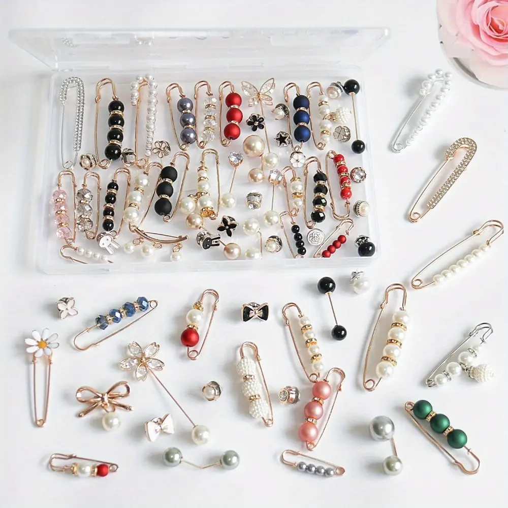 Exquisite Brooch Pins, 70-Piece Faux Pearl and Rhinestone Alloy Set for Women, Decorative Safety Clips for Sweaters, Blouses, and Collars