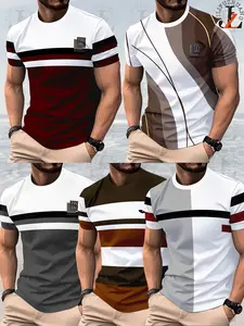 5-Pack Mixed Color Men's Striped Contrast Short Sleeve T-Shirts, Fashion Casual Slim Fit Round Neck Tops, Summer New Arrival
