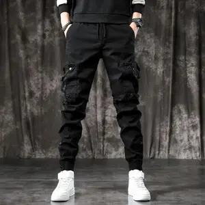 Trendy Men's Spring Autumn Cargo Pants Slim Fit Casual Style Loose Fit American Style Multiple Pocket Small Foot Pants Black