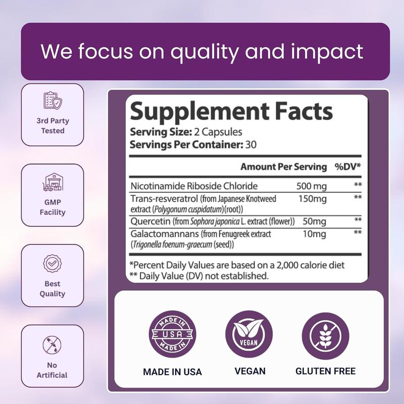 NAD+ Supplement with Nicotinamide Riboside Chloride Resveratrol Quercetin & Galactomannans 710mg 60 Capsules for Cellular Energy & Antioxidant Support Advanced Formula