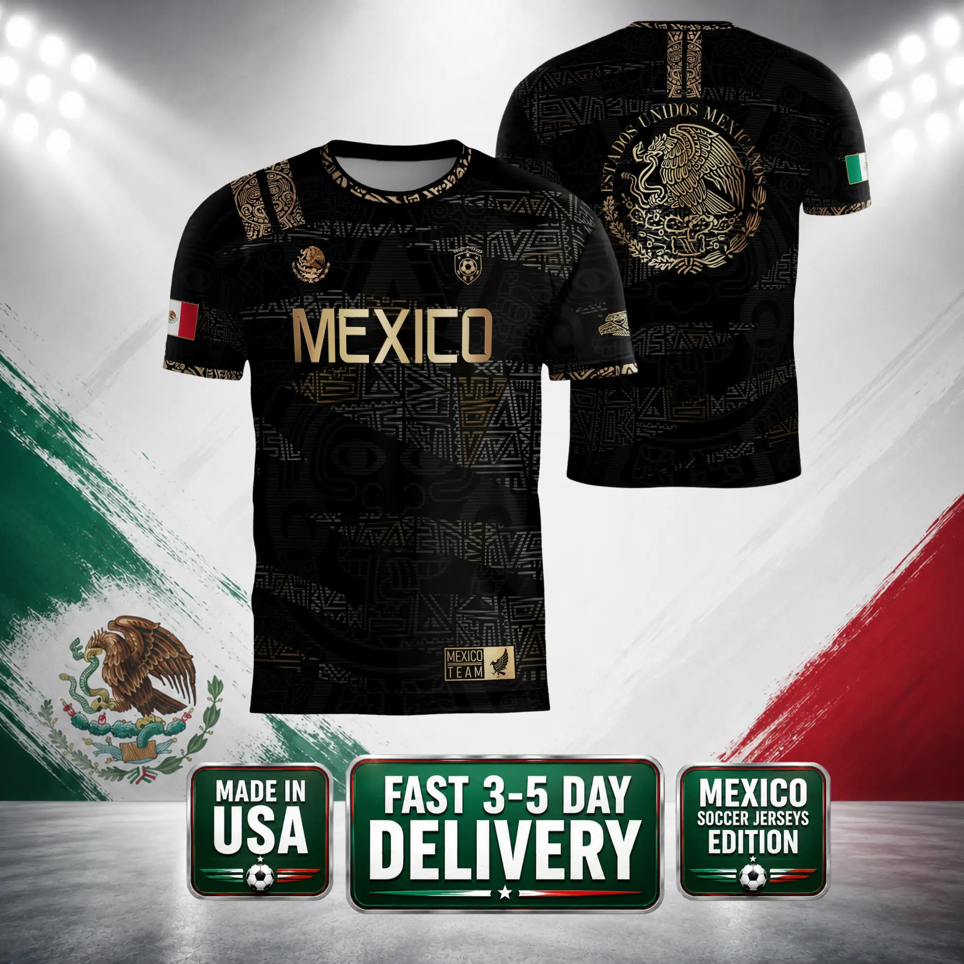 Black Mexico Soccer Jersey Men Women, Gold Aztec Eagle Graphic Football Shirt, Mexico Fan Gear