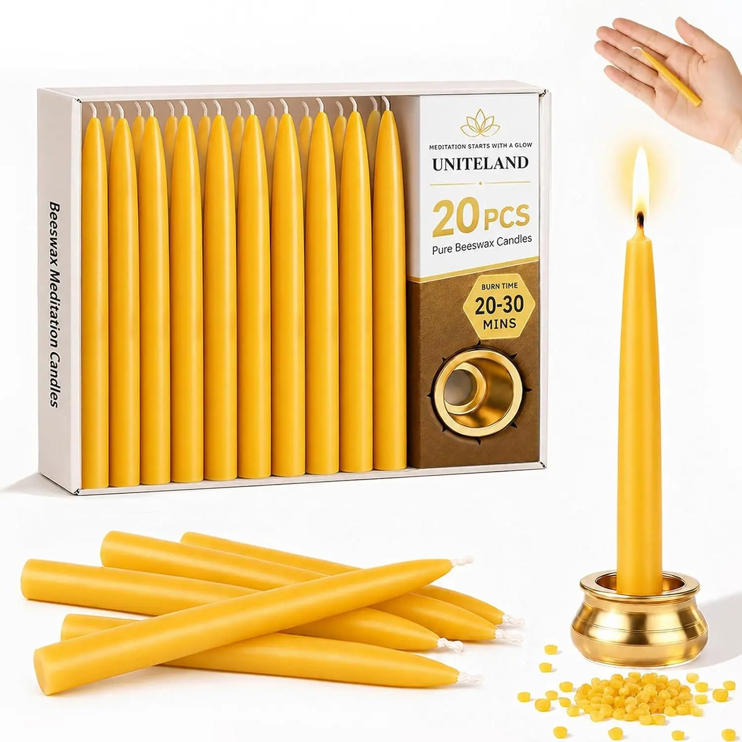 Beeswax Meditation Candles 20 Pack, 3.15 Inch 20 Minute Candles | Dripless beeswax candles with a holder, non toxic clean burn unscented small chime spell prayer candles for birthday shabbat