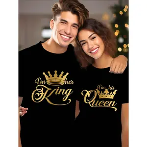 Couple's Matching T-Shirts - King & Queen Crown "I'm Her King" & "I'm His Queen" Graphic Print, Black & Golden Unisex Casual Loose Fit Tees for Anniversary, Valentine's Day Gift, Romantic Apparel, Crown Graphic Tee, Durable Print Shirt, Anniversary Gift,P