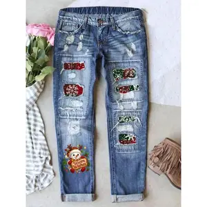 Women’s Printed Denim Jeans, Casual Fitted Long Pants, Elastic Waistband, Button Fly, Comfortable Breathable Fabric, Suitable for All Seasons, Denim Clothing