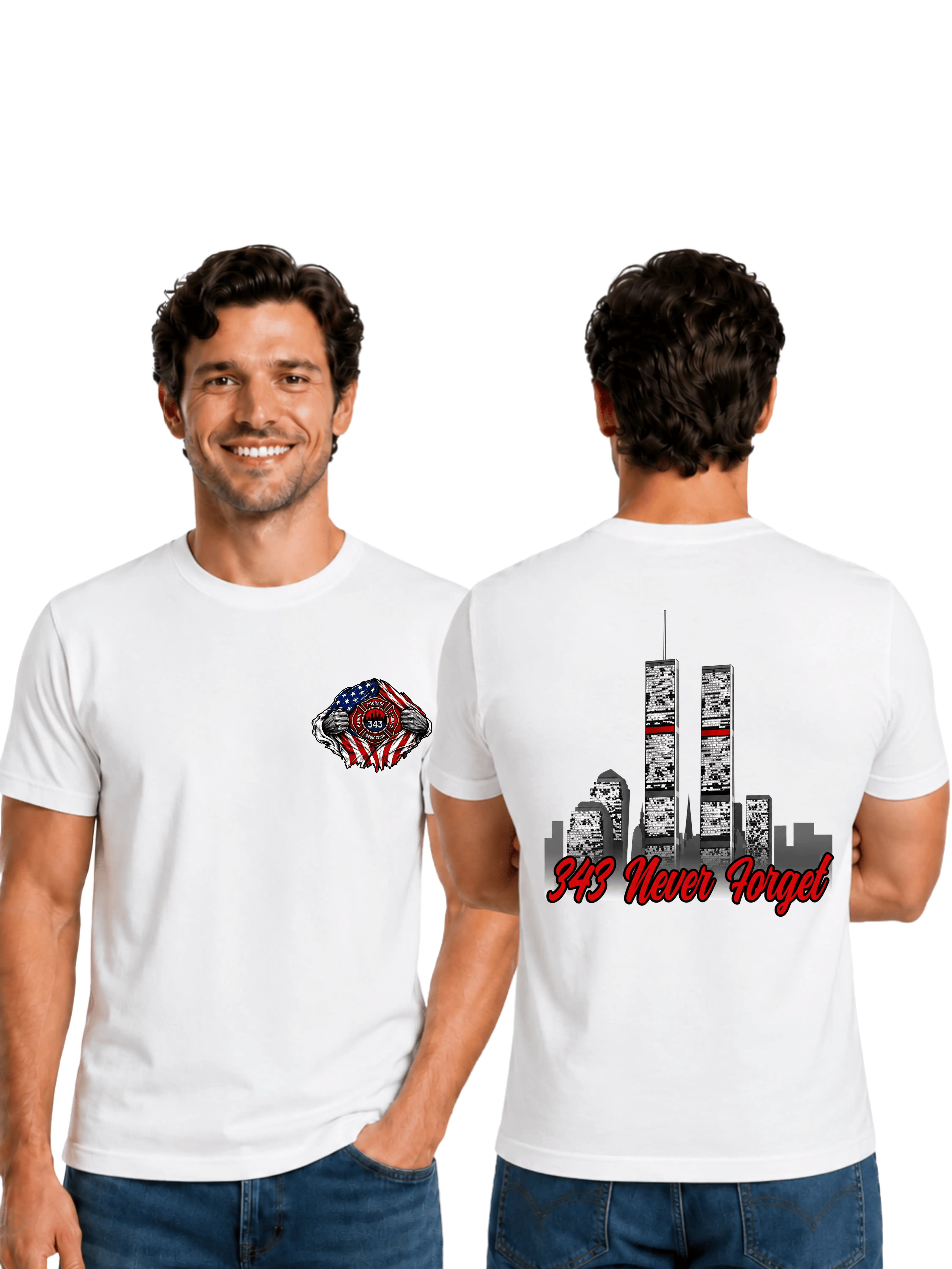 343 Never Forget Thin Red Line Memorial T-Shirt, 2 Sides