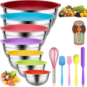 Mixing Bowls with Lids for Kitchen - 26 count Stainless Steel Nesting Colorful Mixing Bowls Set for Baking,Mixing,Serving & Prepping,Size 5, 3.7, 2.8, 2.3, 1.7, 1.1, 0.7QT,11 Cooking Utensils