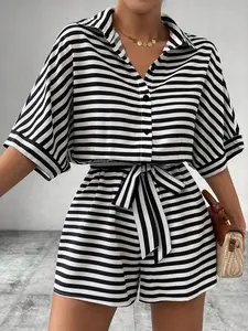 Women's Striped Print Button Front Romper, Casual Short Sleeve Tie Waist Romper for Summer, Fashion Women's Clothing for Daily Wear