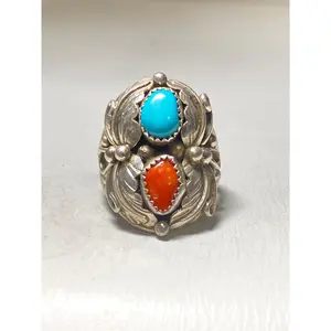 Turquoise ring size 11.50 coral Navajo southwest sterling silver women men