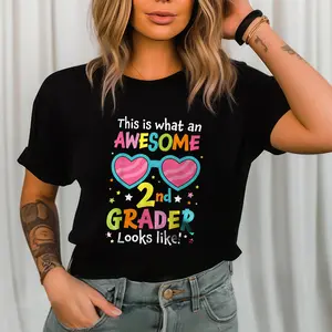 First Day of 2nd Grade Back to School Awesome 2nd Grader Tshirt – Back To School Summer Clothes Women, Comfort Fashion Short Sleeve Graphic T-shirt, T Shirts for Women, Graphic Tee, Women's Top for Daily Wear, Summer Tops, Tops Women
