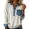 Asvivid Women Denim Collar Patchwork Sweatshirt Half Button Casual Pullover Top with Chest Pocket Long Sleeve Loose Clothes for Back To School Fashion Fall Pick Daily Wear Sweatshirts Tops Womenswear #