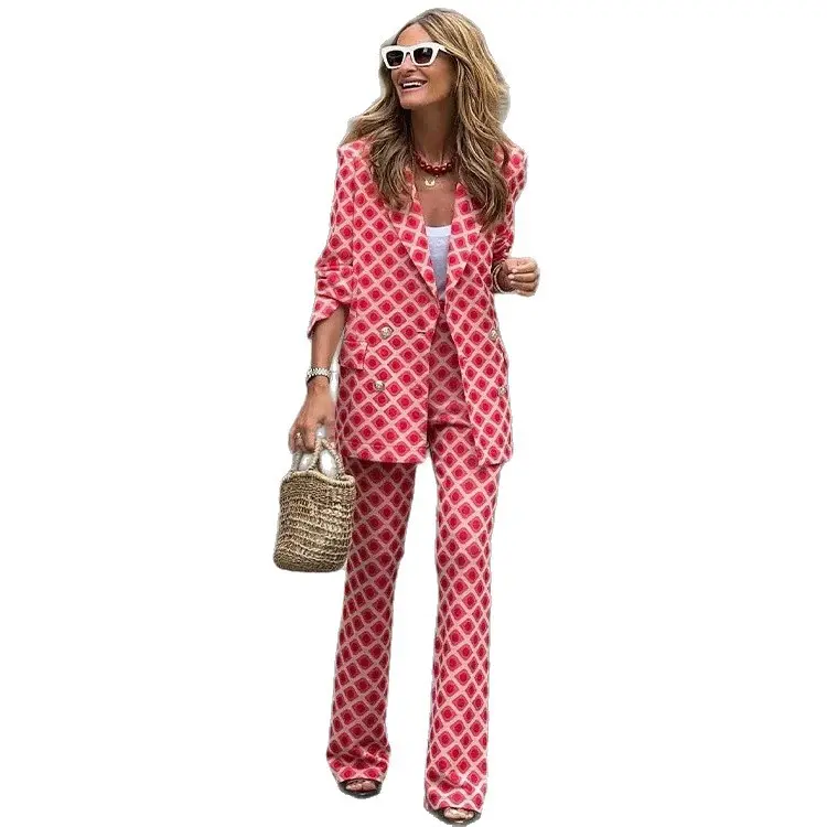 Women’s Printed Blazer and Pants Set, Boho Geometric Long Sleeve Jacket with Matching Wide Leg Trousers, Casual Workwear Two Piece Outfit for Travel, Brunch, Office and Going Out Looks S-XL